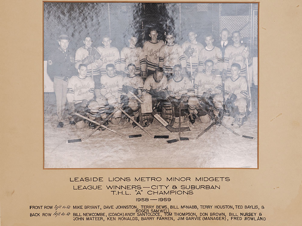 Leaside Lions Minor Midgets (1958): Mike Bryant, Dave Johnston, Terry Bews, Bill McNabb, Terry Houston, Ted Baylis, Bill Newcombe, Fred Rowland, Tom Thompson, Don Brown, Bill Nursey, John Mateer, Ken Ronalds, Barry Farren, Andy Santoloce (Coach), Jim Garvie (Manager)